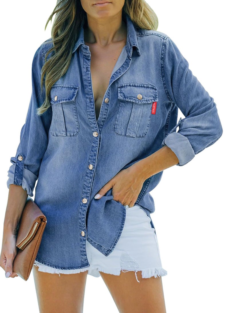 Sidefeel Women's Denim Top Long Sleeve Jean Shirt Button Down Denim Shirt Medium Ashleigh Blue - Image 1
