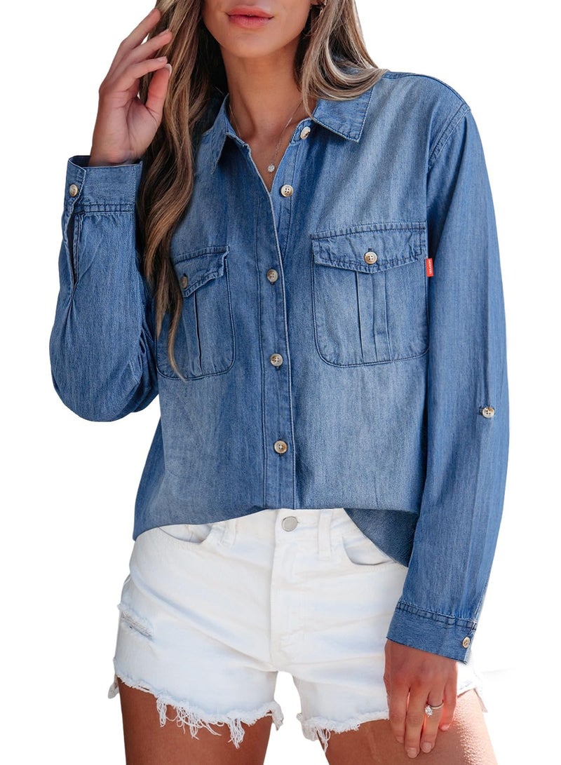 Sidefeel Women's Denim Top Long Sleeve Jean Shirt Button Down Denim Shirt Medium Ashleigh Blue - Image 5