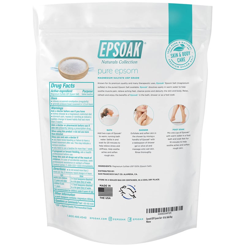 Epsoak Epsom Salt 10 lb. Magnesium Sulfate USP. (Qty. 1 x 10lb. Bags) Resealable Epsom Salt Bulk Bags Unscented, Made in The USA, Cruelty-Free Certified - Image 2