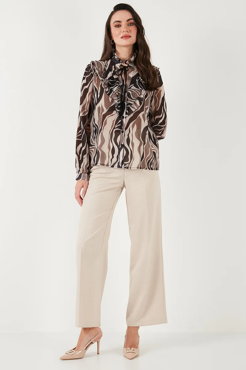 Lela Patterned Tied V Neck Chiffon Shirt Women's Shirt 611GO0192