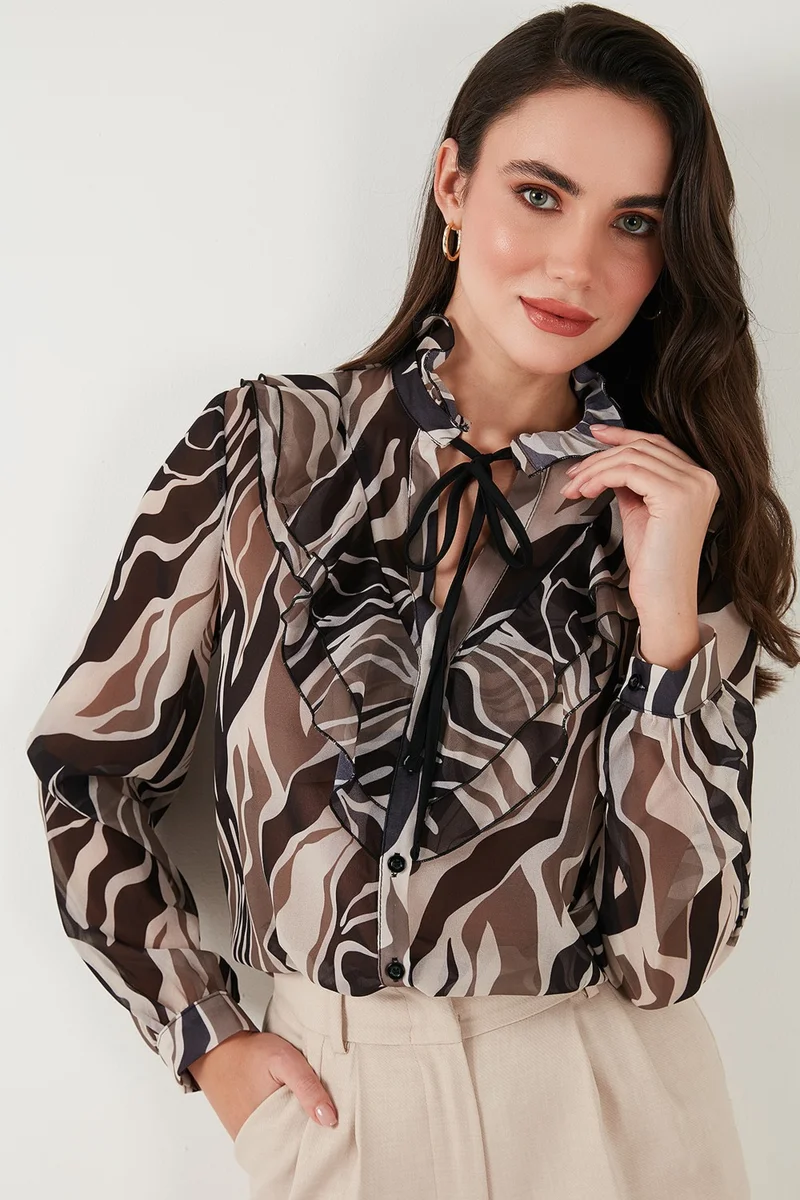 Lela Patterned Tied V Neck Chiffon Shirt Women's Shirt 611GO0192
