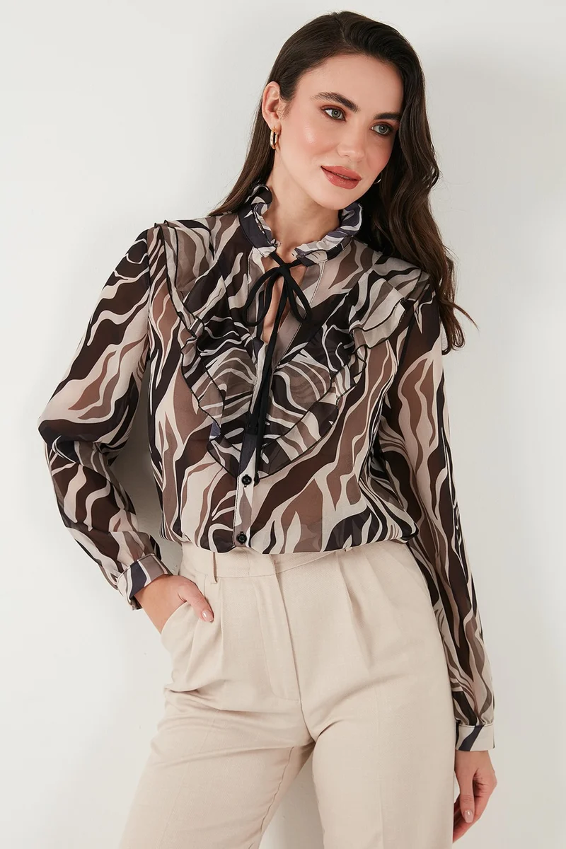 Lela Patterned Tied V Neck Chiffon Shirt Women's Shirt 611GO0192