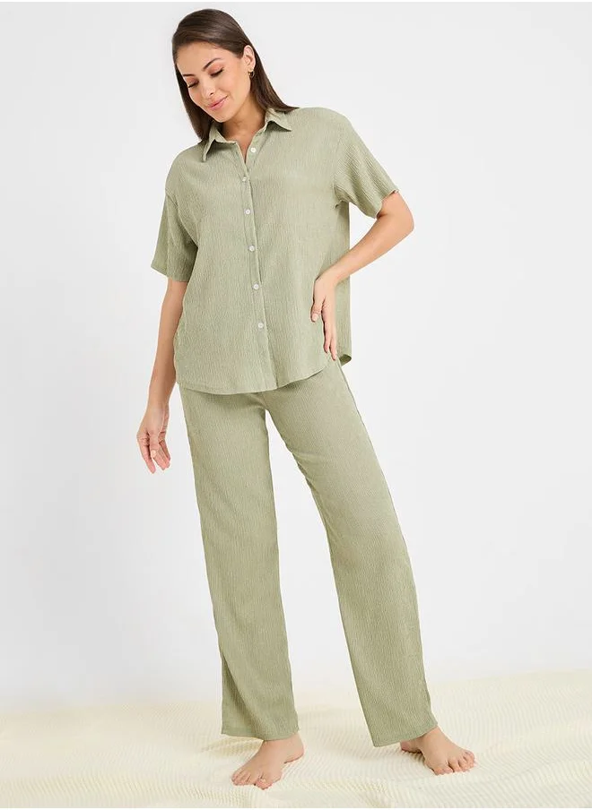 ستايلي Textured Longline Shirt & Pyjama Set