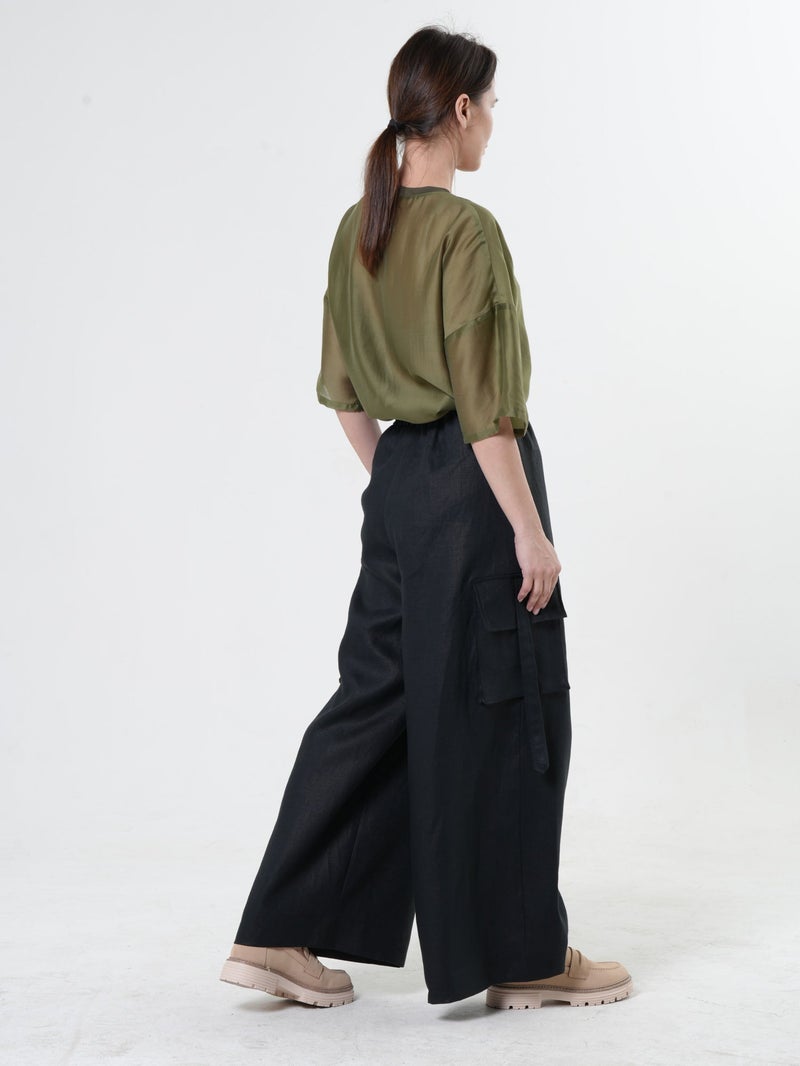 Metamorphoza Linen Cargo Palazzo Pants in Black - Image 4