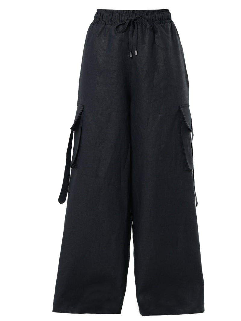 Metamorphoza Linen Cargo Palazzo Pants in Black - Image 3