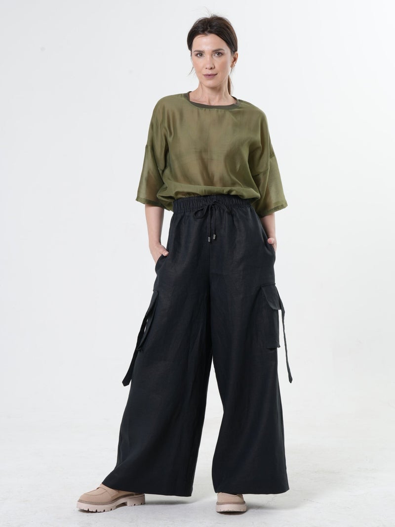 Metamorphoza Linen Cargo Palazzo Pants in Black - Image 1
