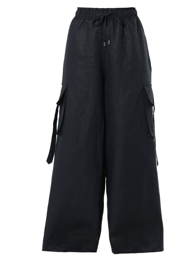 Metamorphoza Linen Cargo Palazzo Pants in Black - Image 2