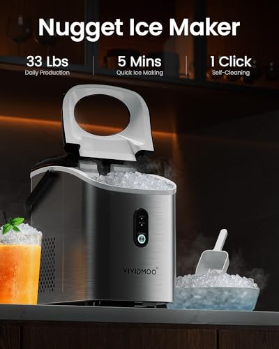 VIVIDMOO Nugget Ice Maker Countertop, 34lbs/24H Pebble Ice Machine, Self-Cleaning Sonic Ice Maker with Basket & Scoop, Compact Pellet Ice Maker for Home/Office/Kitchen/RV/Party, Stainless Steel - Image 2