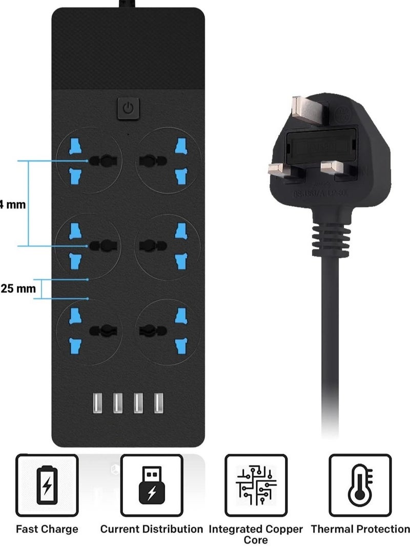  ترانسبيد سلك تمديد لشريط الطاقة من  ترانسبيد مع 6 منافذ محول قابس عالمي مع 4 منافذ USB مقبس شحن واقي عرام مع سلك تمديد جريء 2 متر (أسود) - Image 2