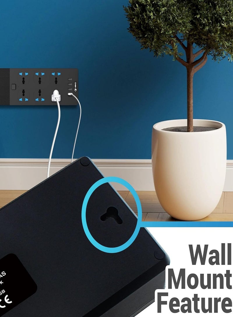  ترانسبيد سلك تمديد لشريط الطاقة من  ترانسبيد مع 6 منافذ محول قابس عالمي مع 4 منافذ USB مقبس شحن واقي عرام مع سلك تمديد جريء 2 متر (أسود) - Image 5