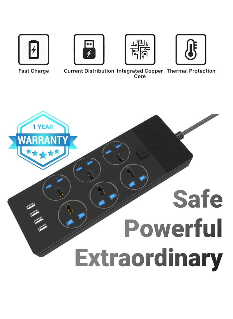  ترانسبيد سلك تمديد لشريط الطاقة من  ترانسبيد مع 6 منافذ محول قابس عالمي مع 4 منافذ USB مقبس شحن واقي عرام مع سلك تمديد جريء 2 متر (أسود) - Image 4