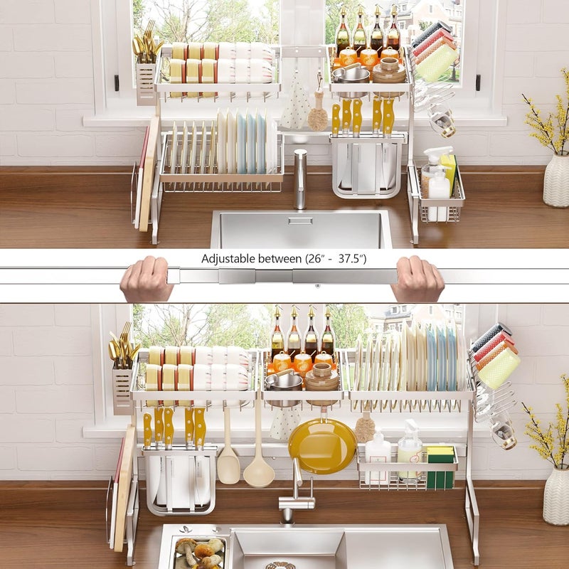 Pusdon Adjustable Large Dish Drainer 2-Tier Stainless Steel Over Sink Dish Rack Display for Kitchen Storage (37in, Silver) - Image 4