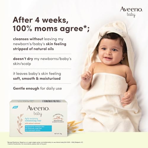 Aveeno Baby Daily Moisture Cleansing Bar 75g (Pack of 5) | With natural Oatmeal, Glycerin and Shea Butter | Co-created with Pediatricians and Dermatologists for newborn sensitive skin | pH balanced, free of soap, parabens sulfates and phthalates - Image 4