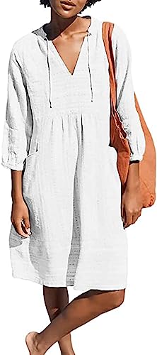 Lafural Womens V Neck Cotton Casual Loose Shift Tunic Smock Summer Dresses Vacation Dress 3/4 Sleeve Pocket White M - Image 1