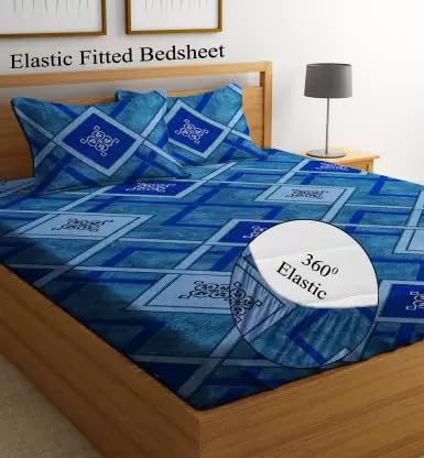 DECORUM 144 TC Fitted Elastic Printed Bedsheet with 2 Pillow Cover (Blue Zigzag) - Image 2