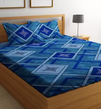 DECORUM 144 TC Fitted Elastic Printed Bedsheet with 2 Pillow Cover (Blue Zigzag) - Image 1