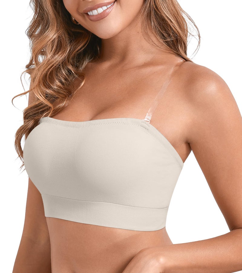 DEANGELMON Strapless Bras for Women Comfort Non-Slip Seamless Padded Bralette Clear Straps Wireless Tube Top Bra Pear White Large - Image 1