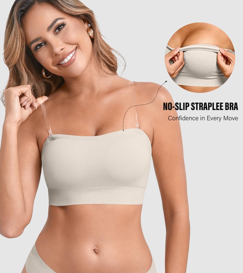 DEANGELMON Strapless Bras for Women Comfort Non-Slip Seamless Padded Bralette Clear Straps Wireless Tube Top Bra Pear White Large - Image 3