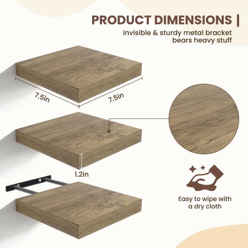 Fun Memories Floating Shelves for Wall - 7.5 Inch Square Shelves with Invisible Brackets, Small Wall Shelf for Living Room, Bathroom, Bedroom, and Kitchen Decorï¼ŒGrey Set of 3 - Image 2