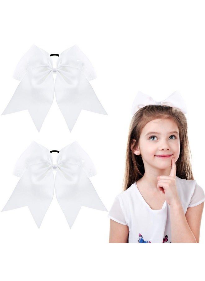 WILLBOND - 2 Packs Jumbo Cheerleading Bow 8 Inch Cheer Hair Bows Large Cheerleading Hair Bows with Ponytail Holder for Teen Girls Softball Cheerleader Outfit Uniform (White) - Image 1
