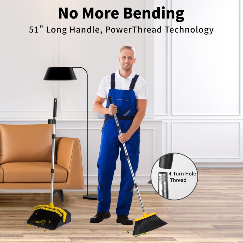 Tiumso Broom with Dustpan Combo Set, Brooms and Dustpans Sets with 51'' Long Handle, Large Dust Pan and Broom, Self-Cleaning Dustpan Teeth for Lobby Kitchen Office - Black and Yellow - Image 4