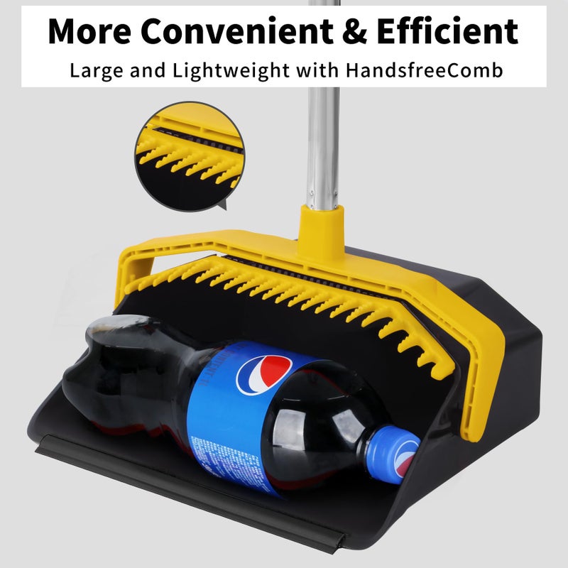 Tiumso Broom with Dustpan Combo Set, Brooms and Dustpans Sets with 51'' Long Handle, Large Dust Pan and Broom, Self-Cleaning Dustpan Teeth for Lobby Kitchen Office - Black and Yellow - Image 3