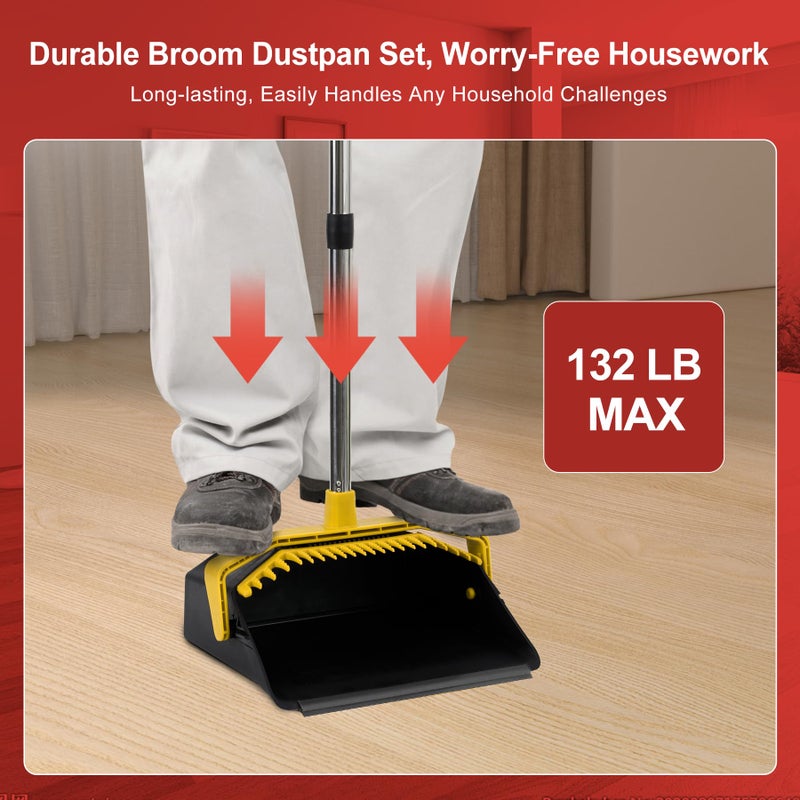 Tiumso Broom with Dustpan Combo Set, Brooms and Dustpans Sets with 51'' Long Handle, Large Dust Pan and Broom, Self-Cleaning Dustpan Teeth for Lobby Kitchen Office - Black and Yellow - Image 2