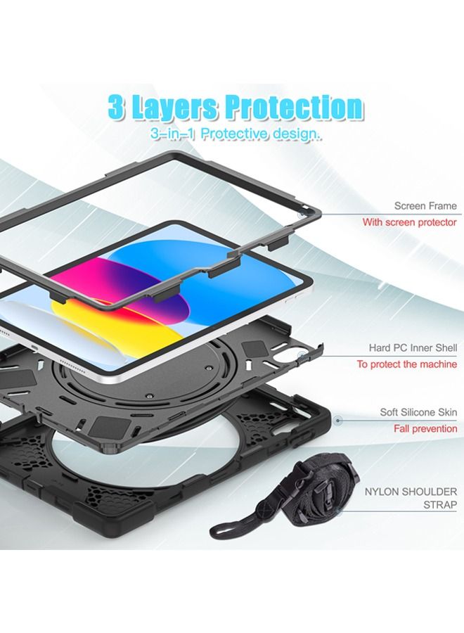 كابتن تيك جراب iPad من الجيل العاشر 2022 مطور من الدرجة العسكرية واقي من السيليكون شديد التحمل iPad 10th Gen 10.9 inch 2022 غطاء حامل قلم رصاص حامل دوار مقبض حزام الكتف - Image 4