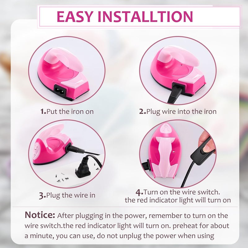 Honoson Mini Craft Iron Mini Heat Press Small Iron 3.93 x 2.36 x 2.76 in Portable Handy Tiny Flatiron with Charging Base Accessory for Fuse Bead Patch DIY Heat Transfer Vinyl(Pink, Light Pink) - Image 3