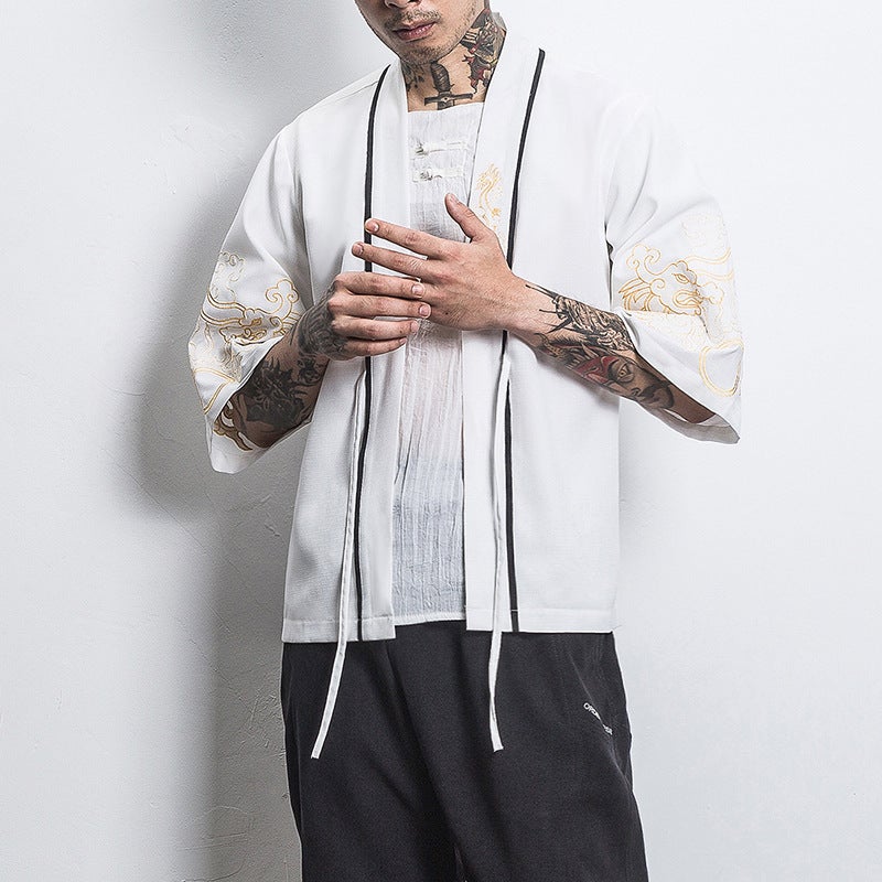 Chinese Style Shirt Mens Loose Cardigan Robe Japanese Style Dragon and Phoenix Crane Embroidery Seven-point Sleeve Hanfu Thin Coat 204 White 