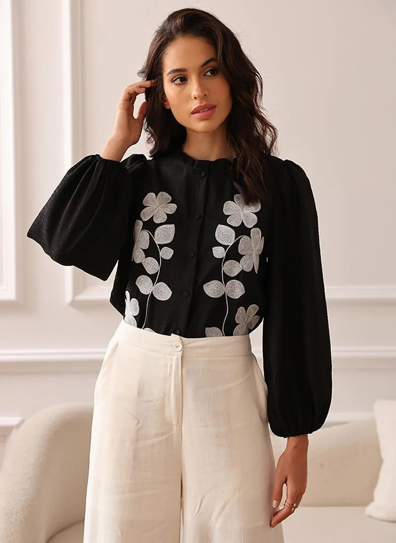 يونيكي Black Round Neck Long Sleeves Regular Top