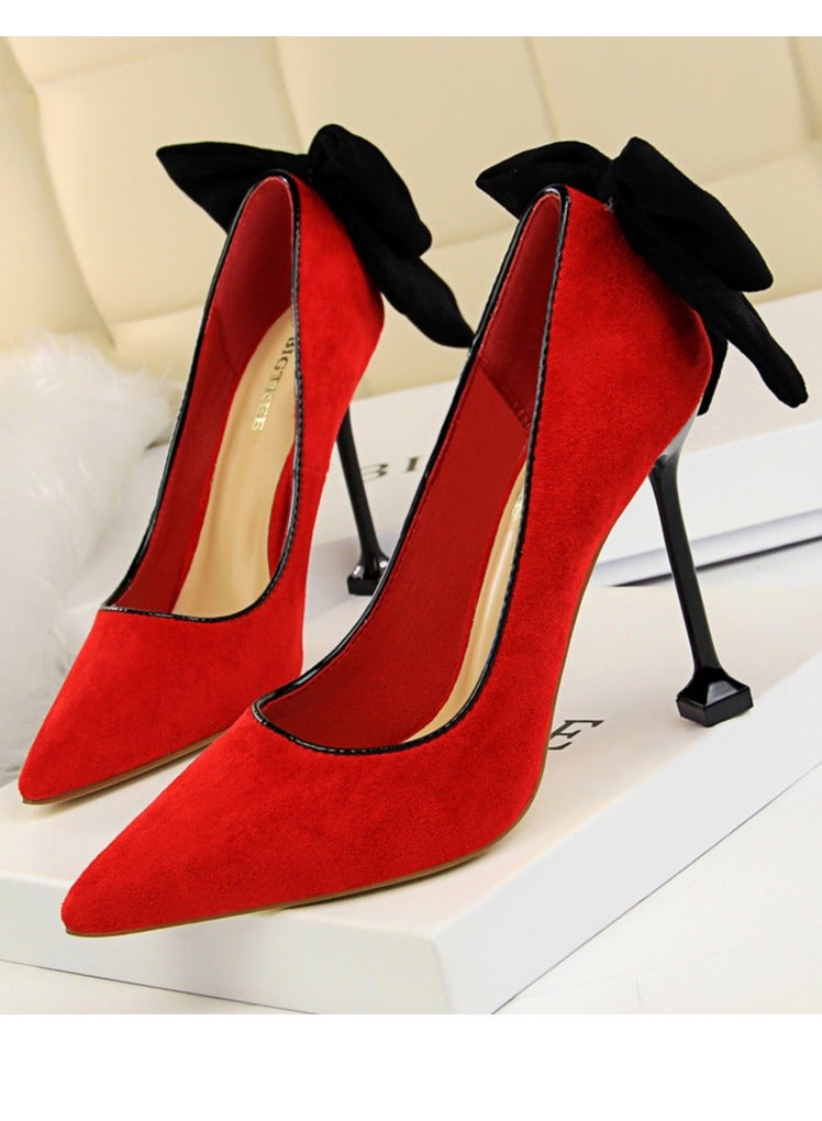 بيج تري Women's Elegant Velour Stiletto Pumps With Bow Knot 9.5 CM Fashion Gorgeous Closed Pointed Toe Slip On Solid High Heels Red - Image 1