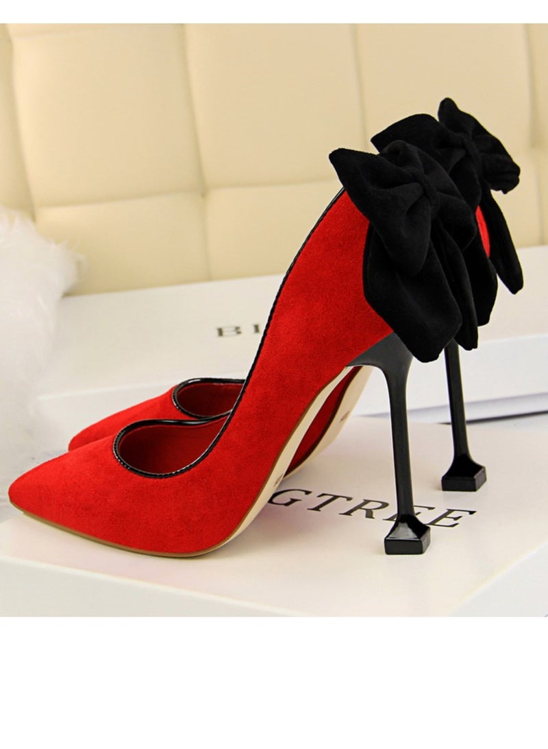 بيج تري Women's Elegant Velour Stiletto Pumps With Bow Knot 9.5 CM Fashion Gorgeous Closed Pointed Toe Slip On Solid High Heels Red - Image 3