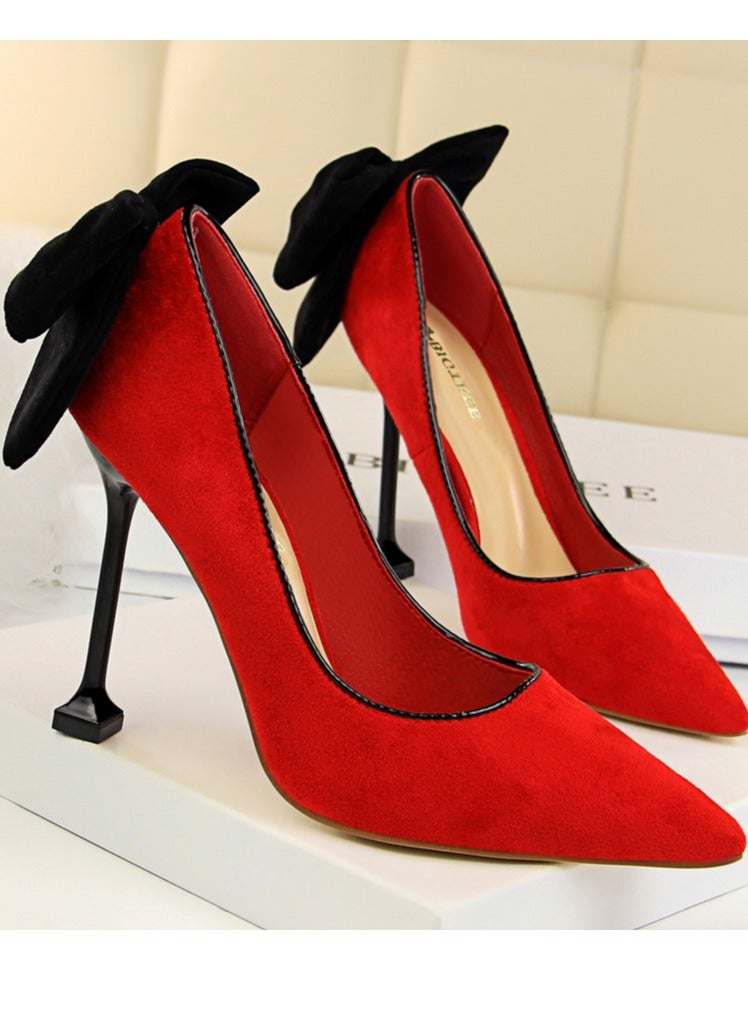 بيج تري Women's Elegant Velour Stiletto Pumps With Bow Knot 9.5 CM Fashion Gorgeous Closed Pointed Toe Slip On Solid High Heels Red - Image 2