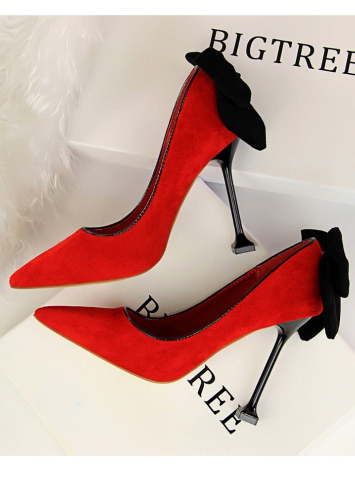 بيج تري Women's Elegant Velour Stiletto Pumps With Bow Knot 9.5 CM Fashion Gorgeous Closed Pointed Toe Slip On Solid High Heels Red - Image 4