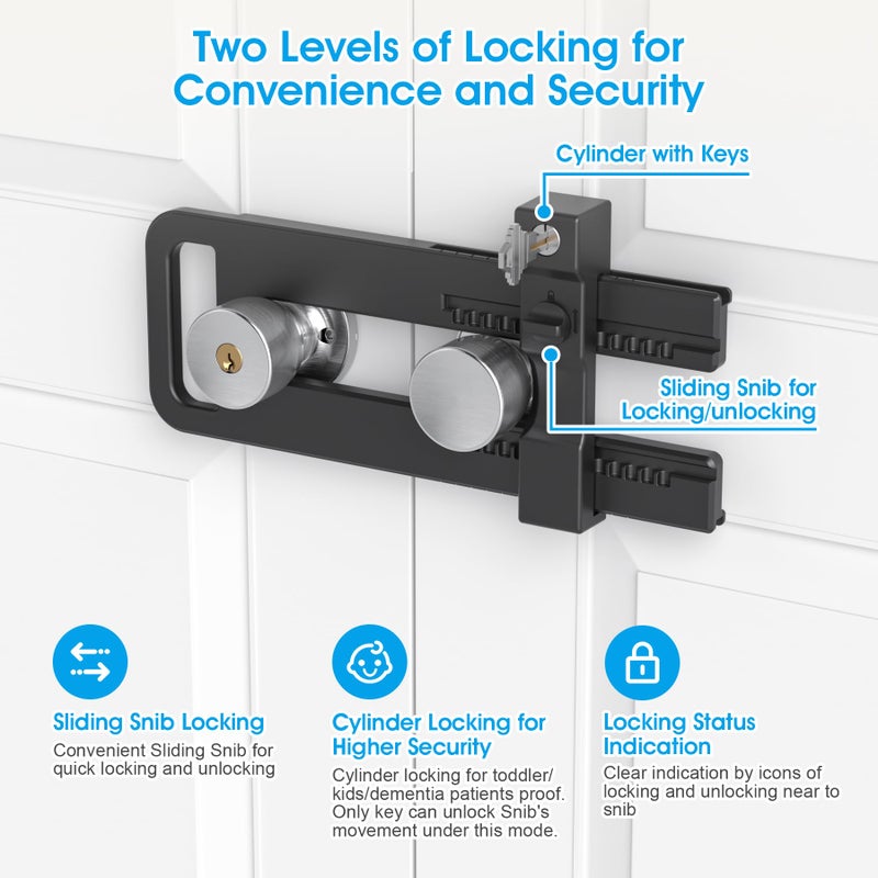 AST Double Door Lockout Device, French Door Reinforcement Lock with 3 Keys, Lockout to Double Door Knobset and Handleset, Childproof Door Lock, Premium Version (Matte Black with Key Alike) - Image 2