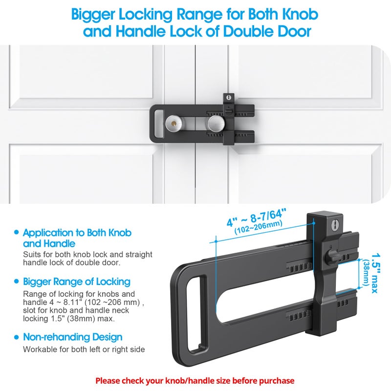 AST Double Door Lockout Device, French Door Reinforcement Lock with 3 Keys, Lockout to Double Door Knobset and Handleset, Childproof Door Lock, Premium Version (Matte Black with Key Alike) - Image 3