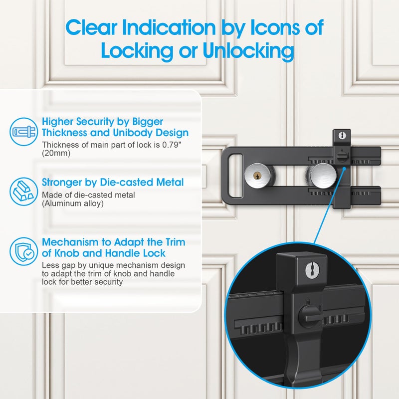 AST Double Door Lockout Device, French Door Reinforcement Lock with 3 Keys, Lockout to Double Door Knobset and Handleset, Childproof Door Lock, Premium Version (Matte Black with Key Alike) - Image 4