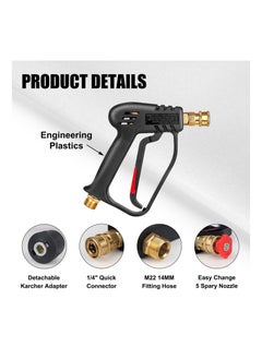 Y&D High Pressure Washer Gun with 5 Detachable Spray Nozzle Tip, High-Pressure Hose Quick Connect Connector, 1/4"" Connector & Adapter M22-14mm for Car Cleaning Tool Jet  - Image 5