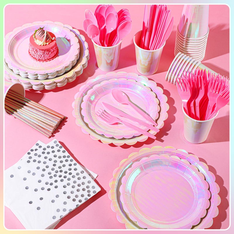 Jinei 200 Pcs Pink Spa Party Supplies Serve 25, Disposable Pink Iridescent Scalloped Paper Plates Napkins Tableware Set for Witch Princess Themed Birthday Sleepover Slumber Party - Image 4