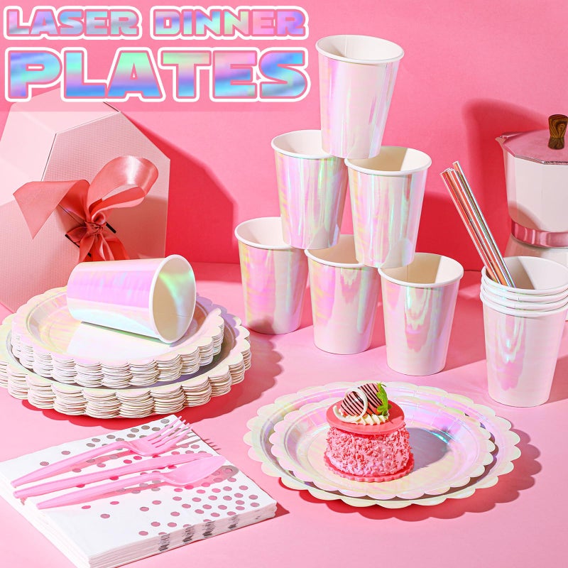 Jinei 200 Pcs Pink Spa Party Supplies Serve 25, Disposable Pink Iridescent Scalloped Paper Plates Napkins Tableware Set for Witch Princess Themed Birthday Sleepover Slumber Party - Image 3
