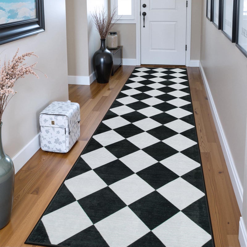Beeiva Checkered Print Washable Rug Runners for Hallways Non Slip 2.5x10, Ultra Thin Black Kitchen Runner Stain Resistant Hallway Runner Rug 10 ft, Checkerboard Carpet for Bathroom Entryway Decor - Image 4