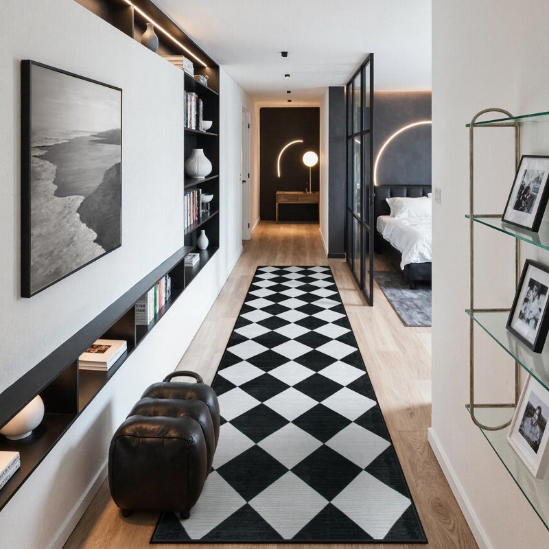 Beeiva Checkered Print Washable Rug Runners for Hallways Non Slip 2.5x10, Ultra Thin Black Kitchen Runner Stain Resistant Hallway Runner Rug 10 ft, Checkerboard Carpet for Bathroom Entryway Decor - Image 3