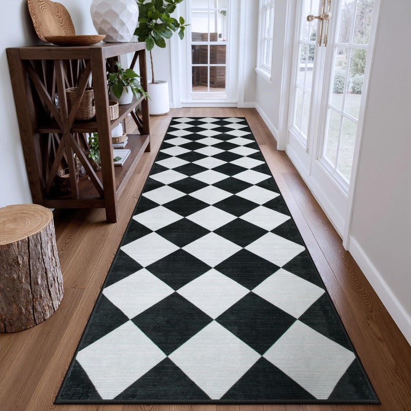 Beeiva Checkered Print Washable Rug Runners for Hallways Non Slip 2.5x10, Ultra Thin Black Kitchen Runner Stain Resistant Hallway Runner Rug 10 ft, Checkerboard Carpet for Bathroom Entryway Decor - Image 1