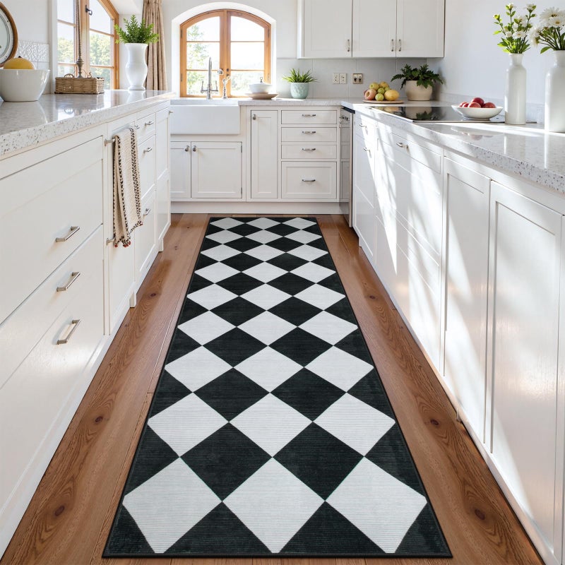 Beeiva Checkered Print Washable Rug Runners for Hallways Non Slip 2.5x10, Ultra Thin Black Kitchen Runner Stain Resistant Hallway Runner Rug 10 ft, Checkerboard Carpet for Bathroom Entryway Decor - Image 2