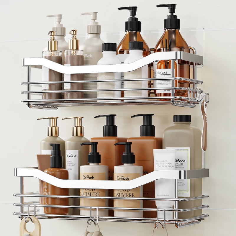 Orimade Shower Caddy Basket Shelf Storage Rack Pack of 2 No Drilling Wall Mounted Adhesive Rust Proof Stainless Steel Shower Organizer with 5 Hooks for Bathroom Toilet Kitchen