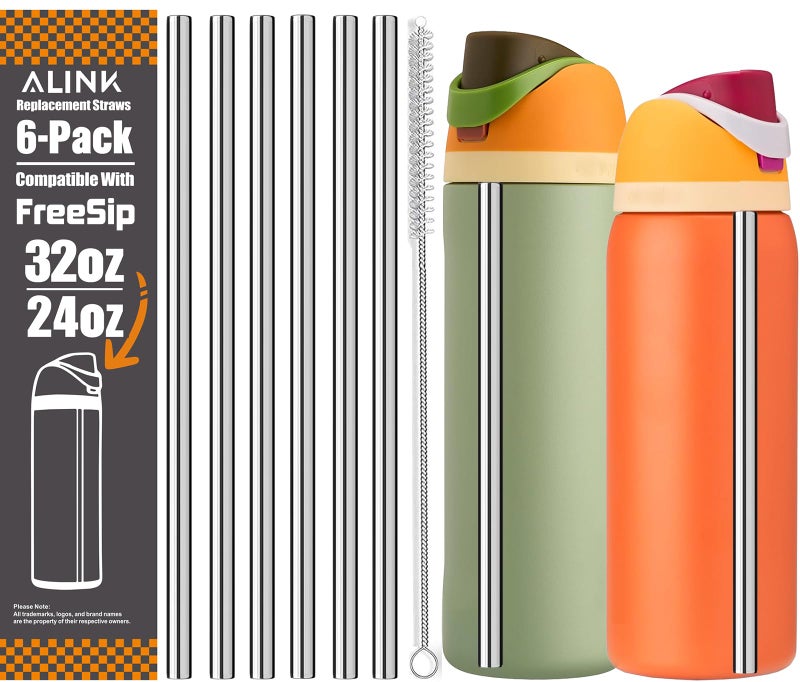 ALINK Stainless Steel Straws for Owala FreeSip Insulated Water Bottle 24 oz 32 oz, 6 Pack Reusable Metal Replacement Straws for 32oz 24oz Owala Freesip Cup Lid Only, Plus Straw Brush, Dishwasher Safe - Image 1