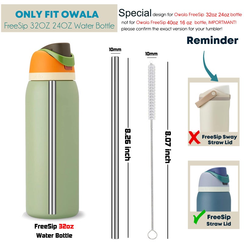 ALINK Stainless Steel Straws for Owala FreeSip Insulated Water Bottle 24 oz 32 oz, 6 Pack Reusable Metal Replacement Straws for 32oz 24oz Owala Freesip Cup Lid Only, Plus Straw Brush, Dishwasher Safe - Image 2