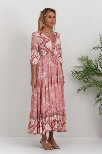 HECCPLI Women Short Sleeve V Neck Floral Print Casual Bohemian Maxi Dresses - Image 3