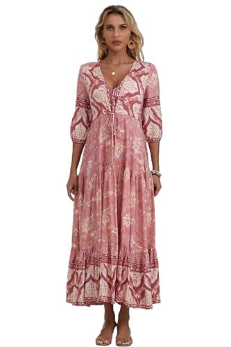 HECCPLI Women Short Sleeve V Neck Floral Print Casual Bohemian Maxi Dresses - Image 1